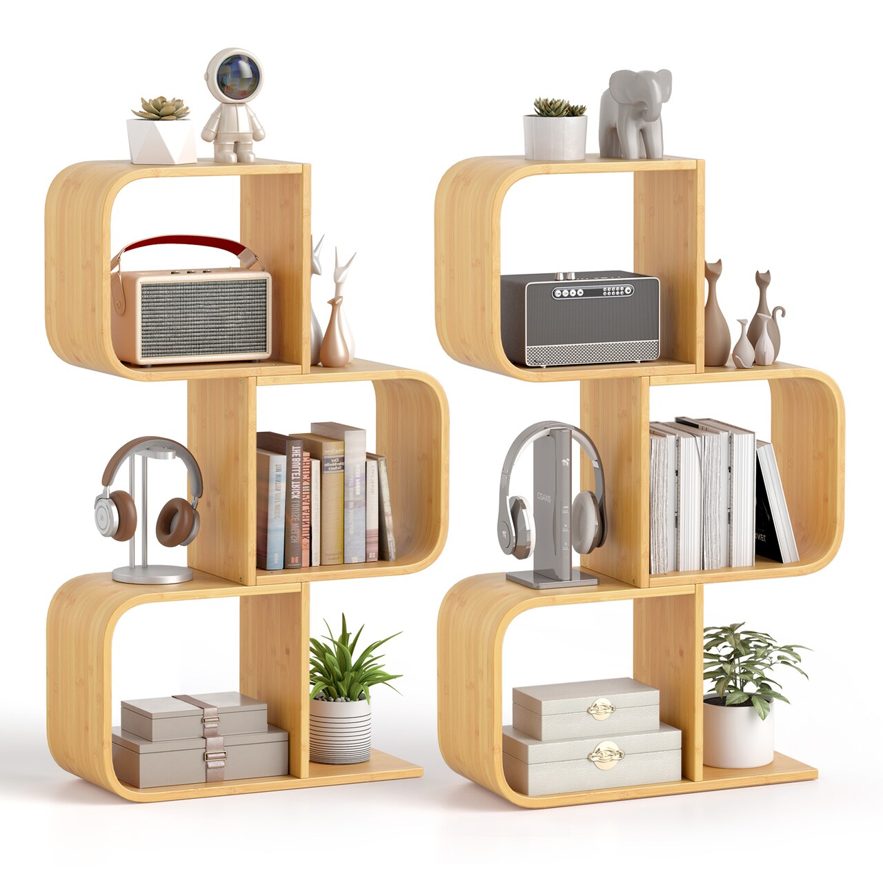 Costway 1/2 PCS 2 Tier S-Shaped Bookcase with 2 Open Cubes Geometric Corner Display Shelf